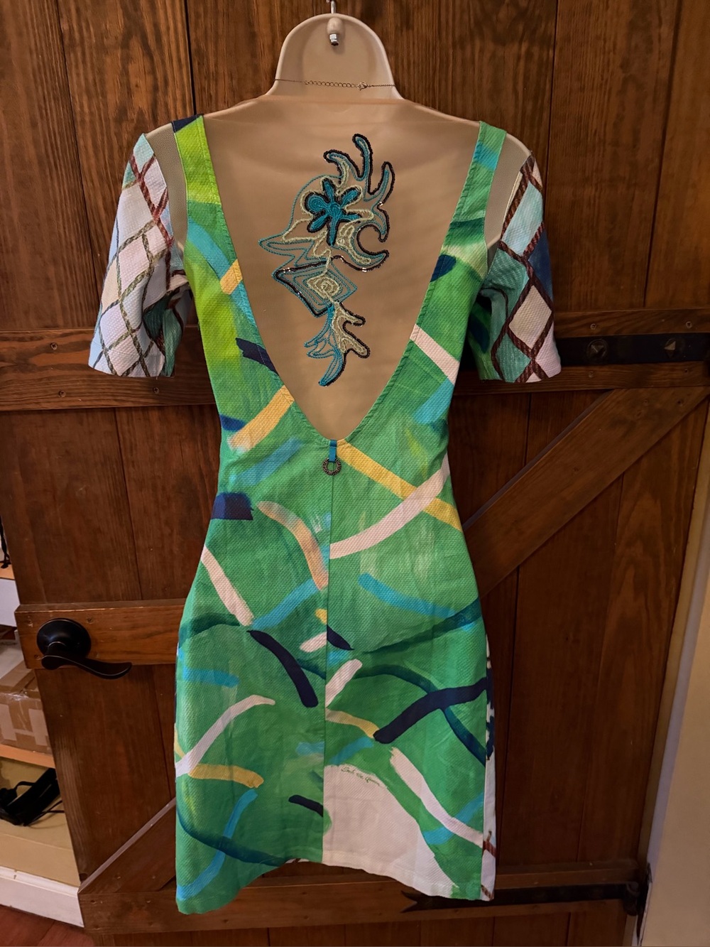 Save The Queen Green & Blue Abstract Deep-V Back Dress vintage Y2K luxury